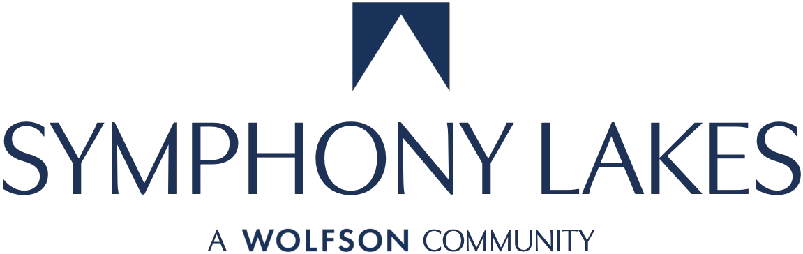 Logo for Symphony Lakes, a Wolfson community, with a blue geometric shape above the name.