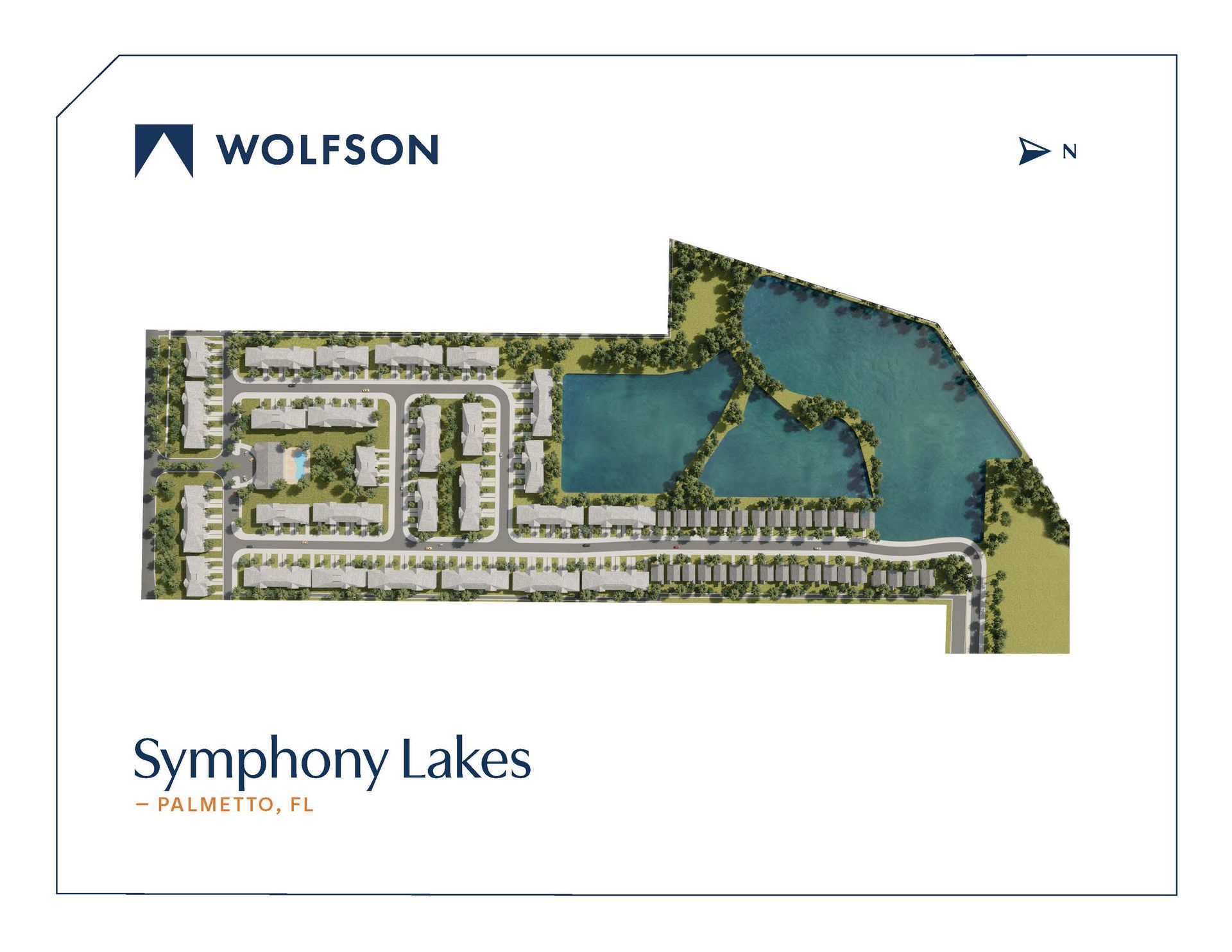 Site map for the Symphony Lakes residential development in Palmetto, FL, showing homes, roads, and lakes.