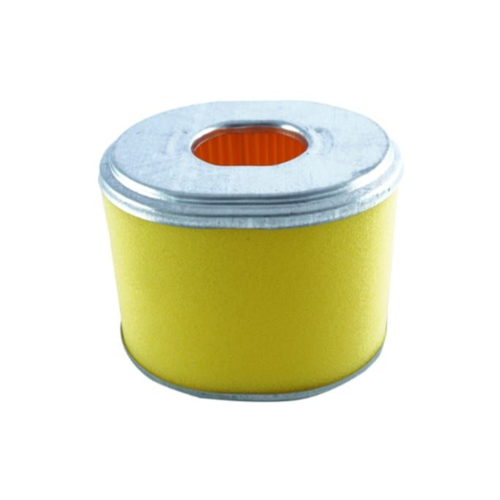 Filtro de aire cilíndrico de color amarillo con borde metálico.