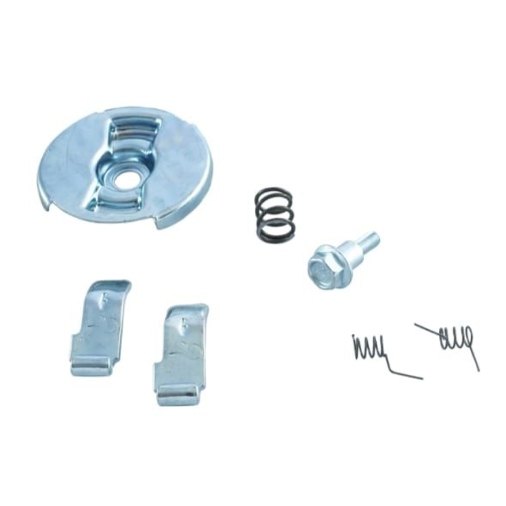 Piezas mecánicas metálicas: disco, resorte, perno y dos clips.