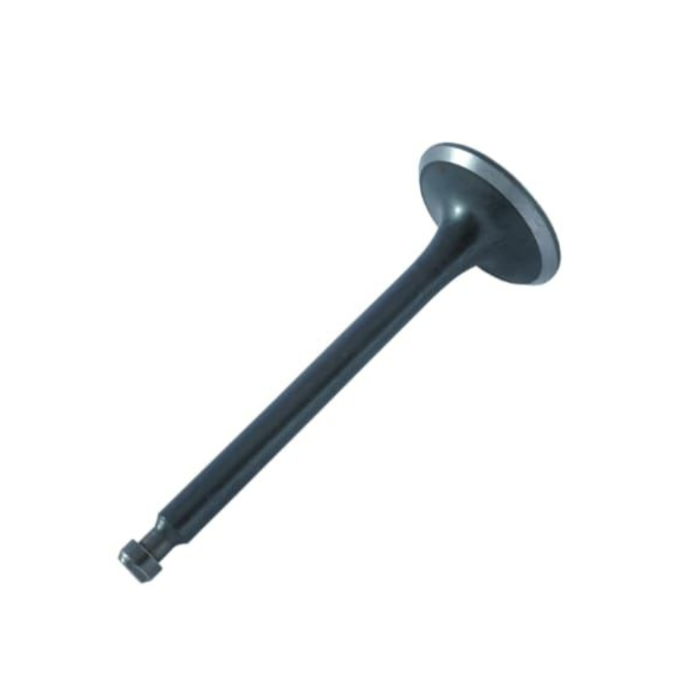 Válvula de motor, color gris metalizado, con cabeza circular y vástago largo.