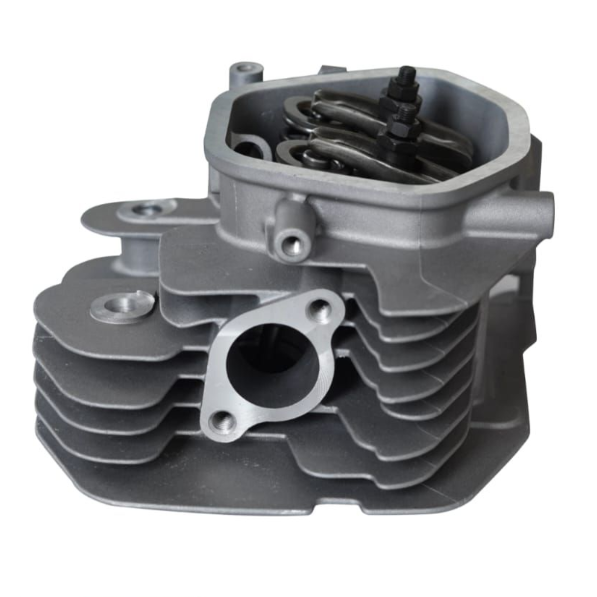 Culata plateada con aletas, puerto de admisión y resortes de válvula expuestos.