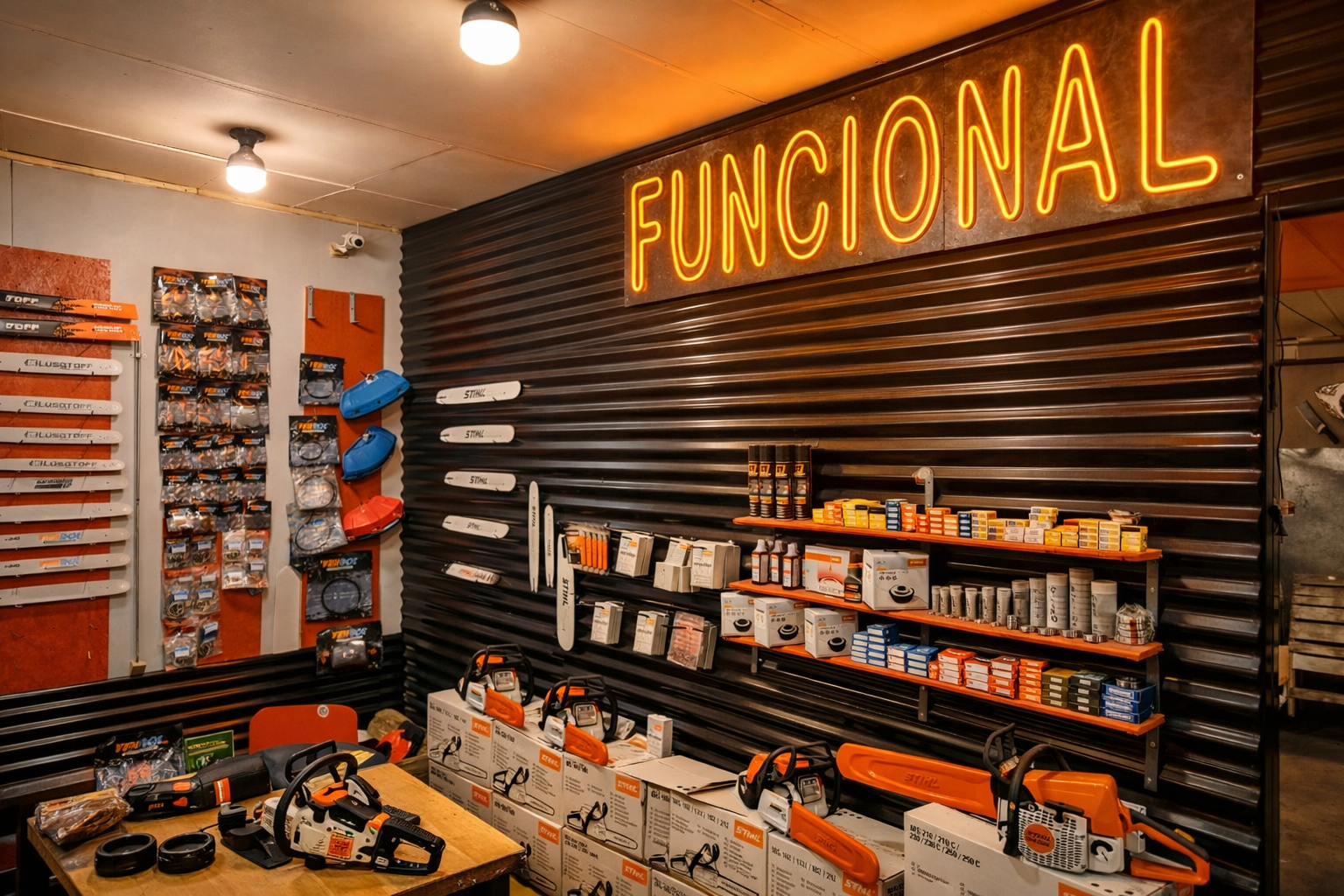 Interior de ferretería con motosierras, piezas exhibidas en estantes y un letrero de neón que dice