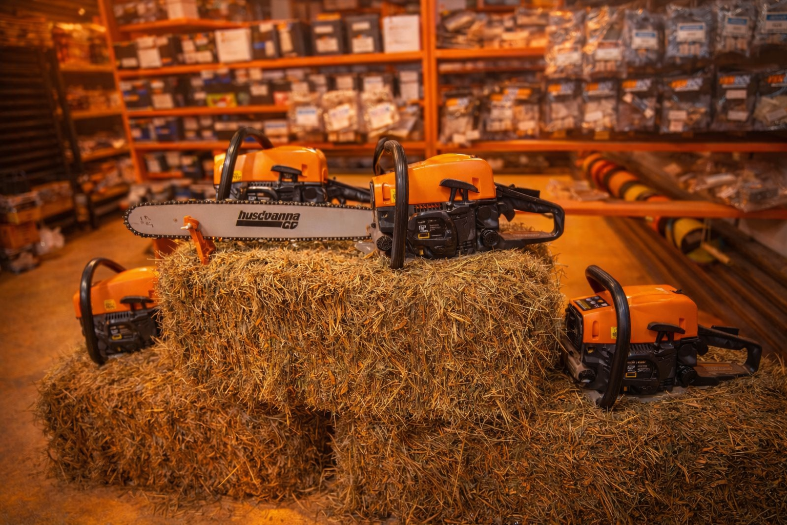 Cuatro motosierras de color naranja expuestas sobre fardos de heno en una ferretería, con estantes de productos en el fondo.