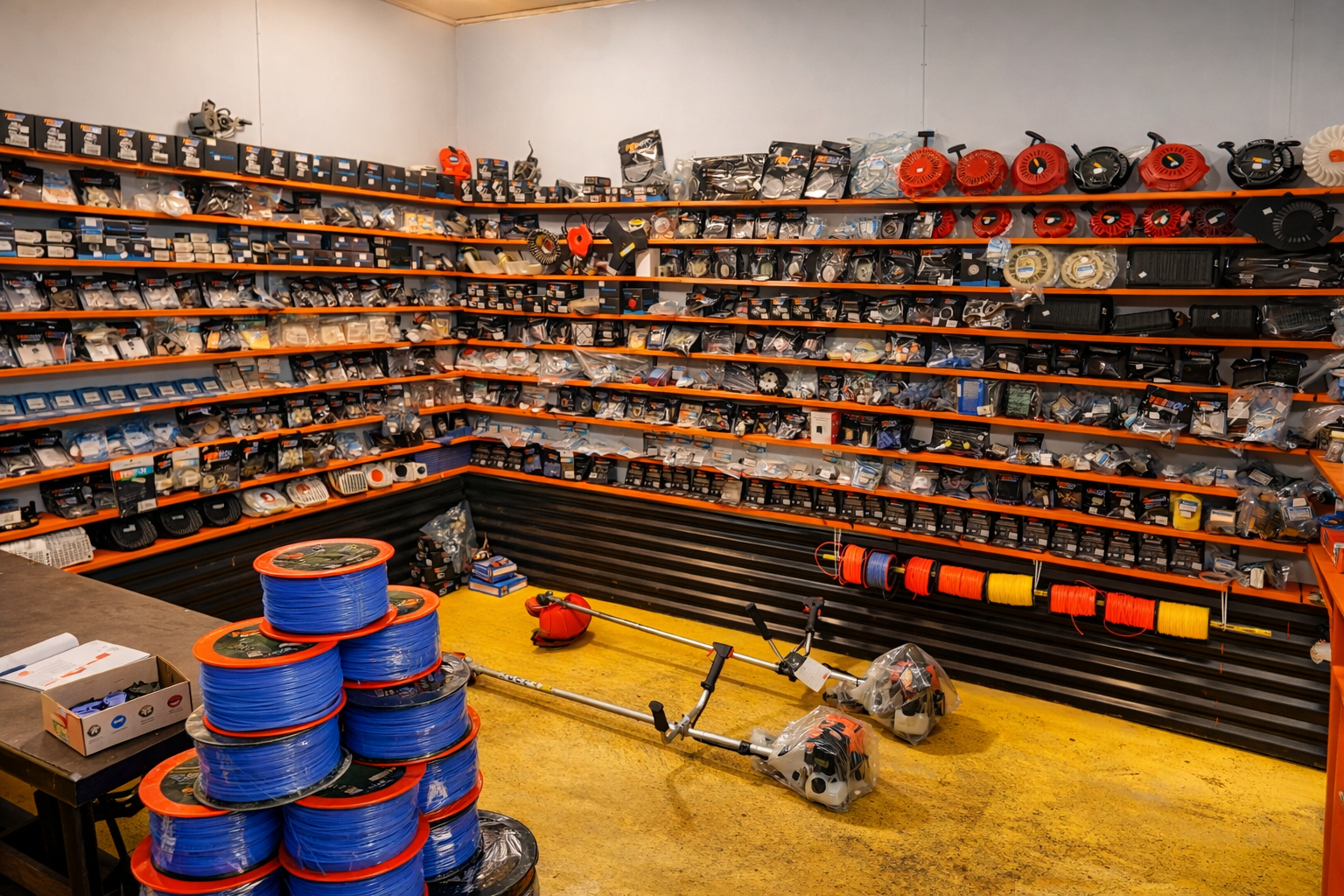 Interior de una ferretería, estantes repletos de piezas, cortadoras de césped en primer plano, carretes de cuerda azul.