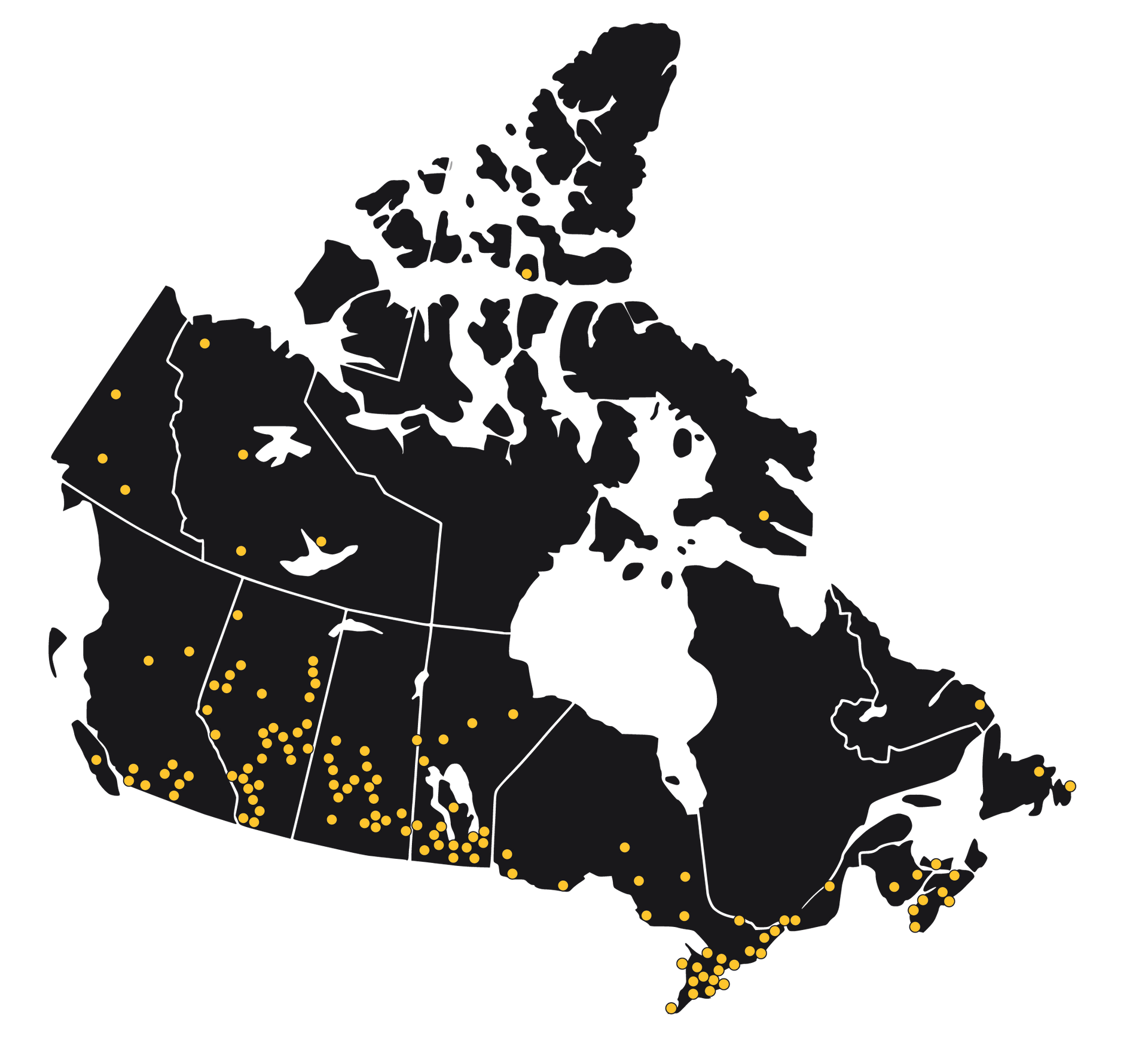 Map of Canada, black with yellow dots, likely representing locations.