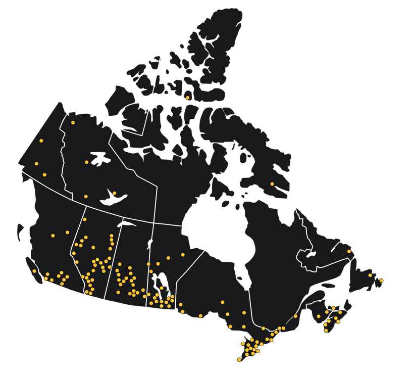 Map of Canada, black with yellow dots, likely representing locations.