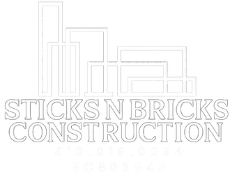 Logo for Sticks N Bricks Construction featuring an abstract building outline and text.