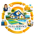 Full-service STR illustration: House surrounded by service providers like a consultant, cleaner, and repairman.