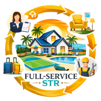 Full-service STR illustration: House surrounded by service providers like a consultant, cleaner, and repairman.