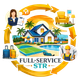 Full-service STR illustration: House surrounded by service providers like a consultant, cleaner, and repairman.
