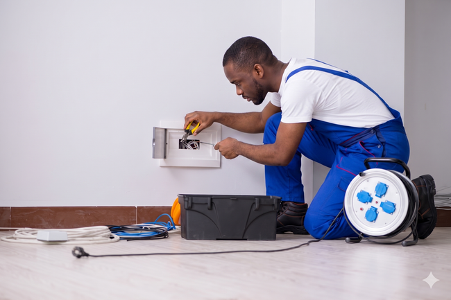 Technician in blue overalls working on an electrical outlet beside tools on a tiled floor