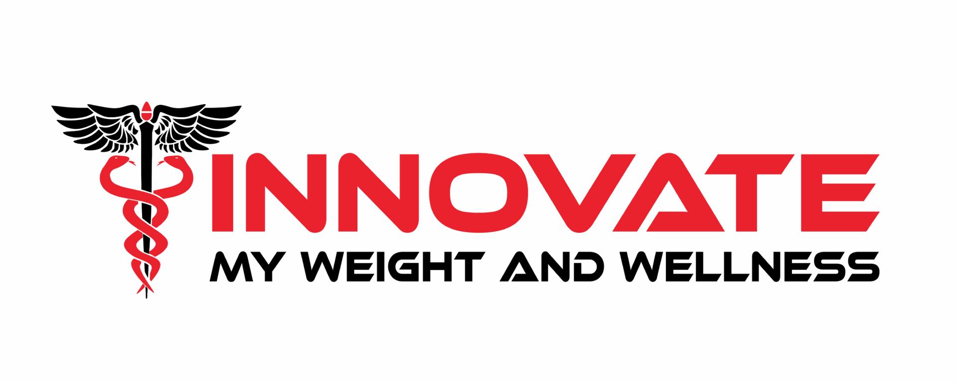 Logo for Innovate My Weight and Wellness with red text and caduceus symbol.