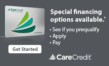CareCredit ad: credit card, financing options, prequalify, apply, pay. Green and white card, gray background.