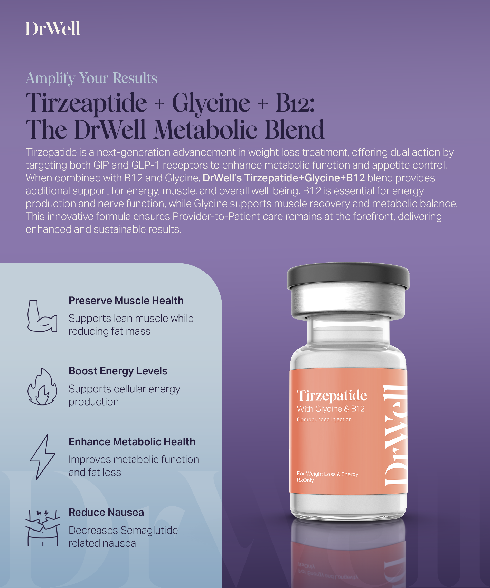 A promotional image for a metabolic blend. It features a vial of Tirzepatide and describes its benefits in text.