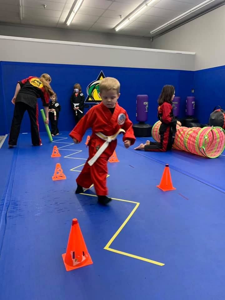 An aerial view of a city skyline at sunset.