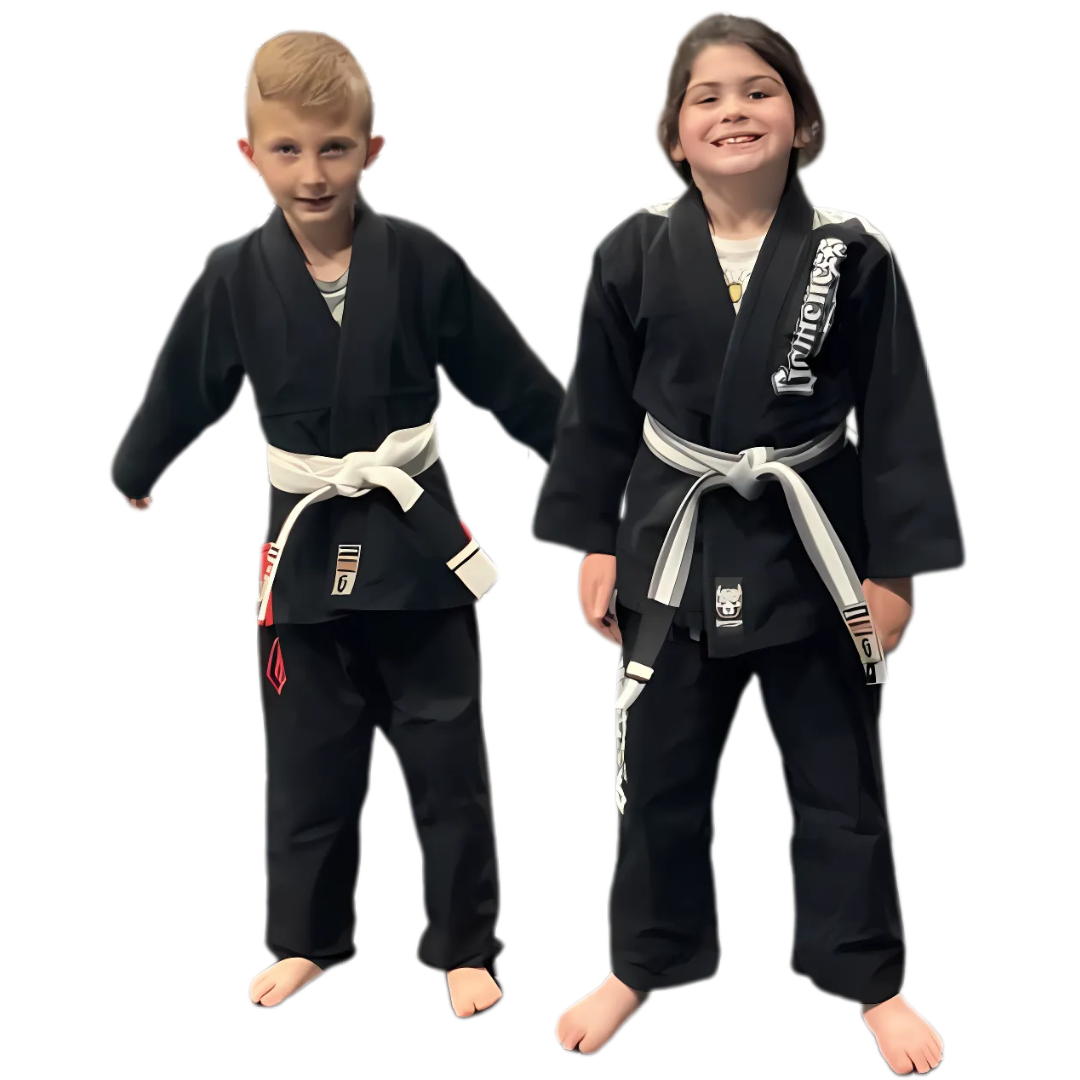 A boy and a girl are practicing karate together.