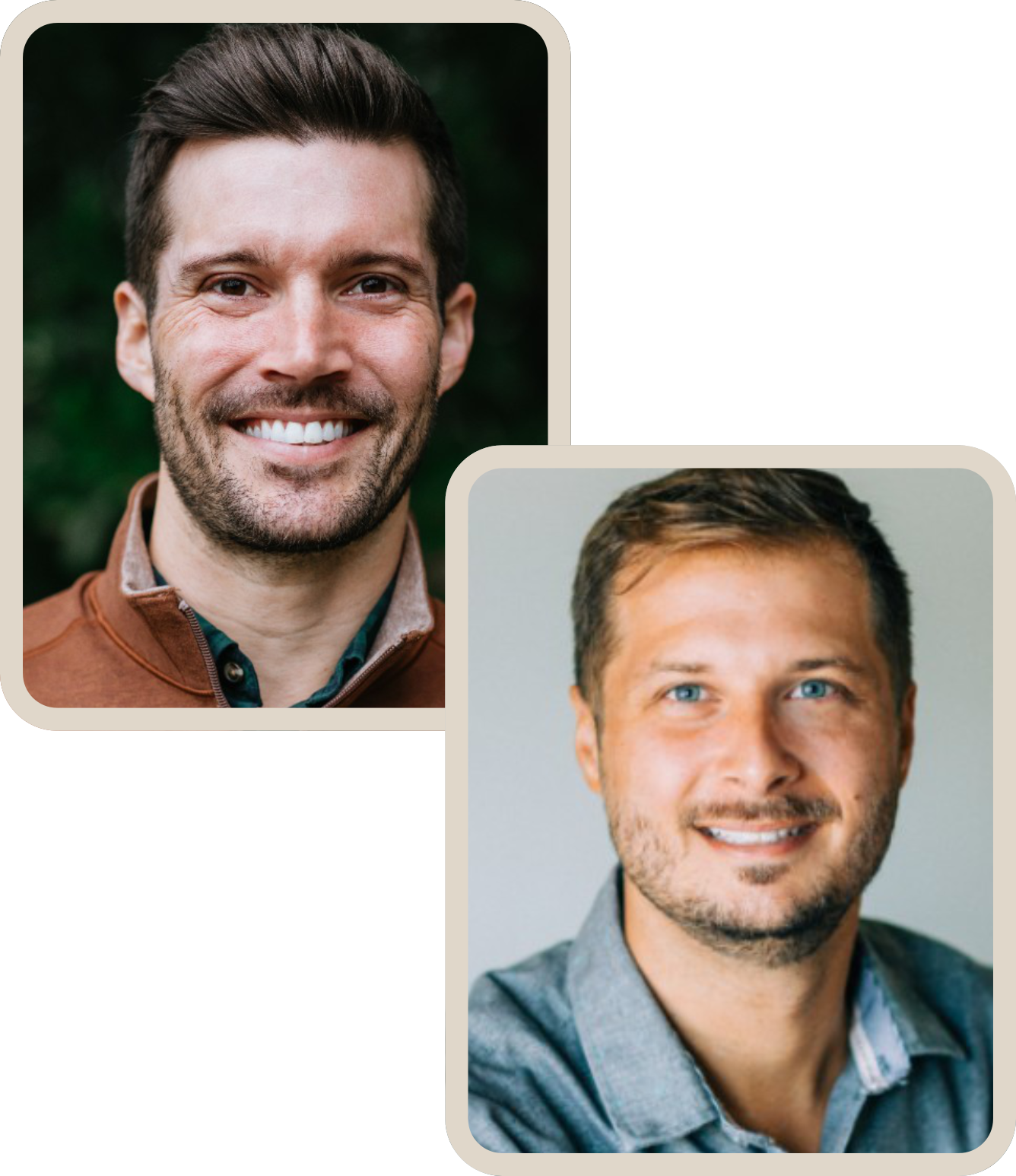 Two smiling headshots in rounded beige frames, one above the other, on a white background