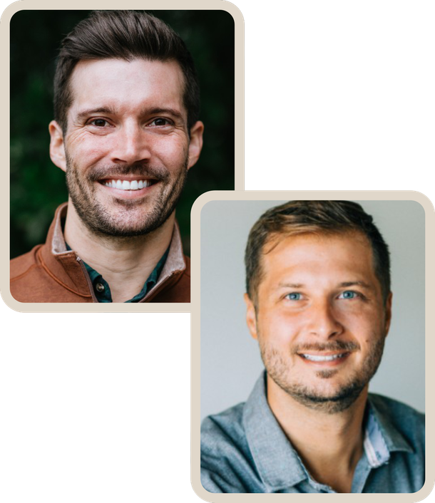 Two smiling headshots in rounded beige frames, one above the other, on a white background