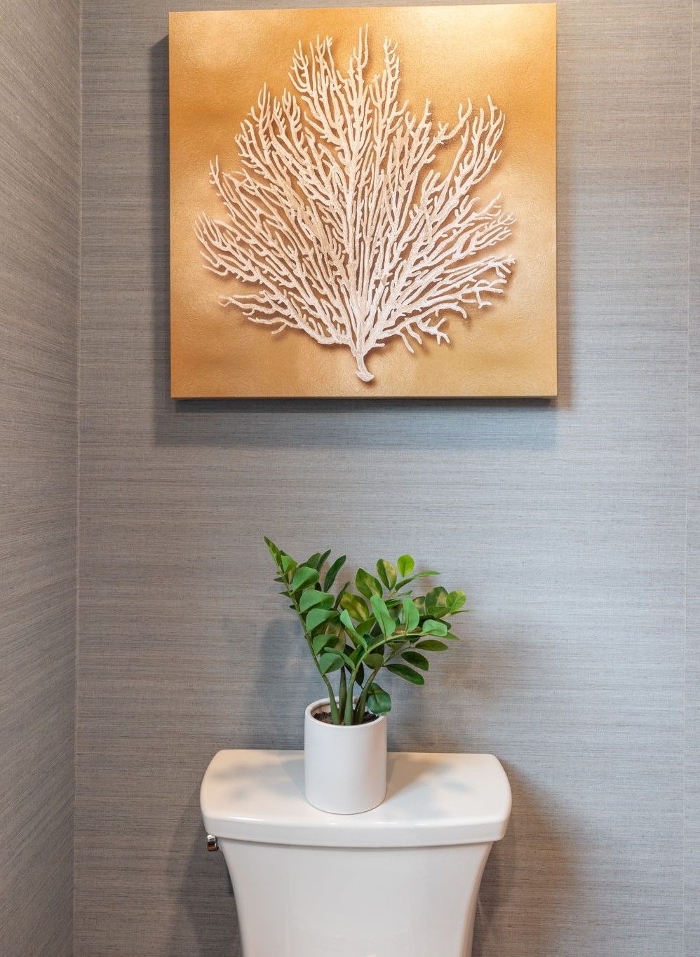 A potted plant is sitting on top of a toilet in a bathroom.