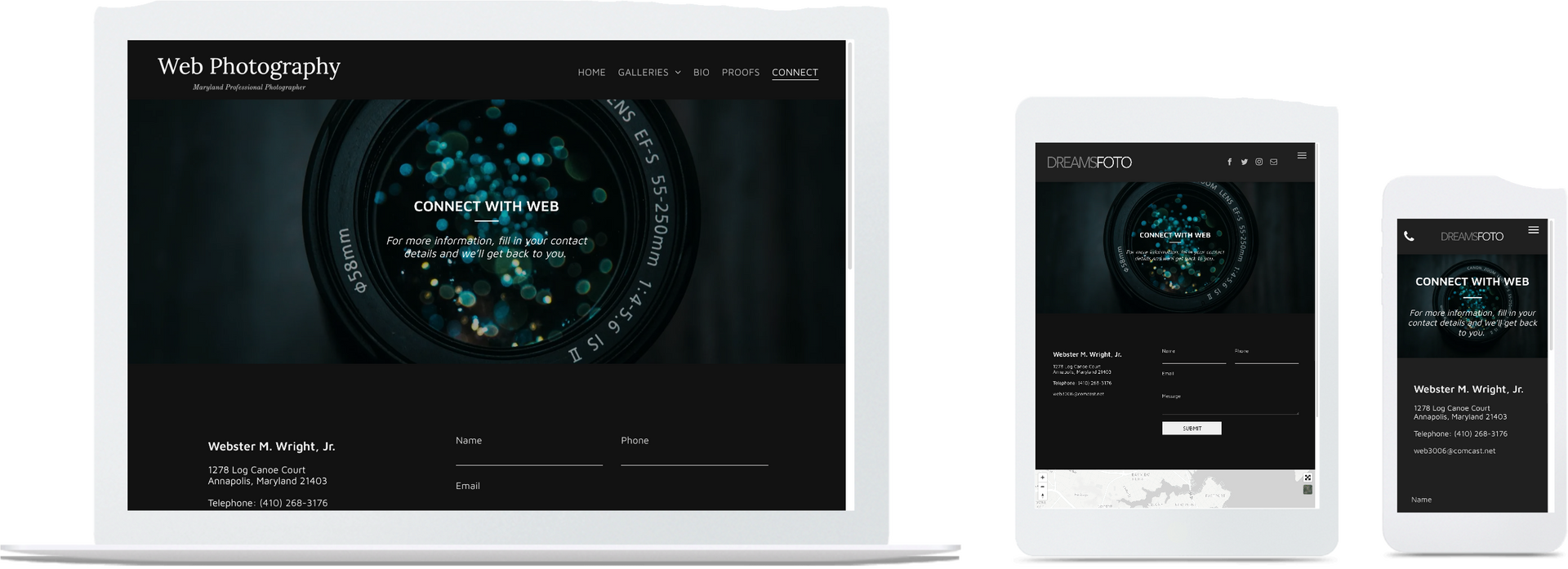 a laptop , tablet , and cell phone are displaying a website .