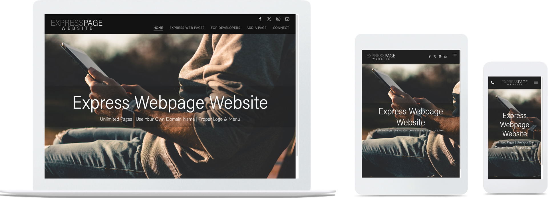 an express webpage website is displayed on a laptop tablet and phone