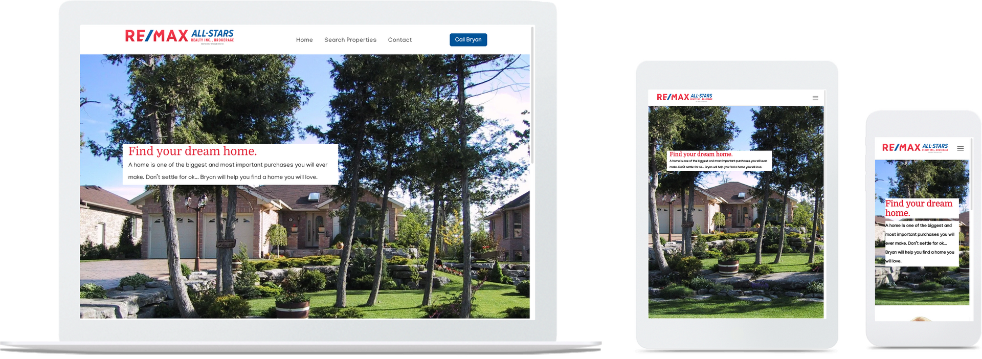 a laptop , tablet , and cell phone displaying a real estate website .