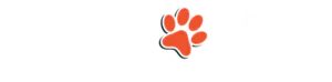 Orange paw print logo.