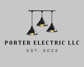 Porter Electric LLC logo with three hanging lights and “EST. 2023” on a gray background