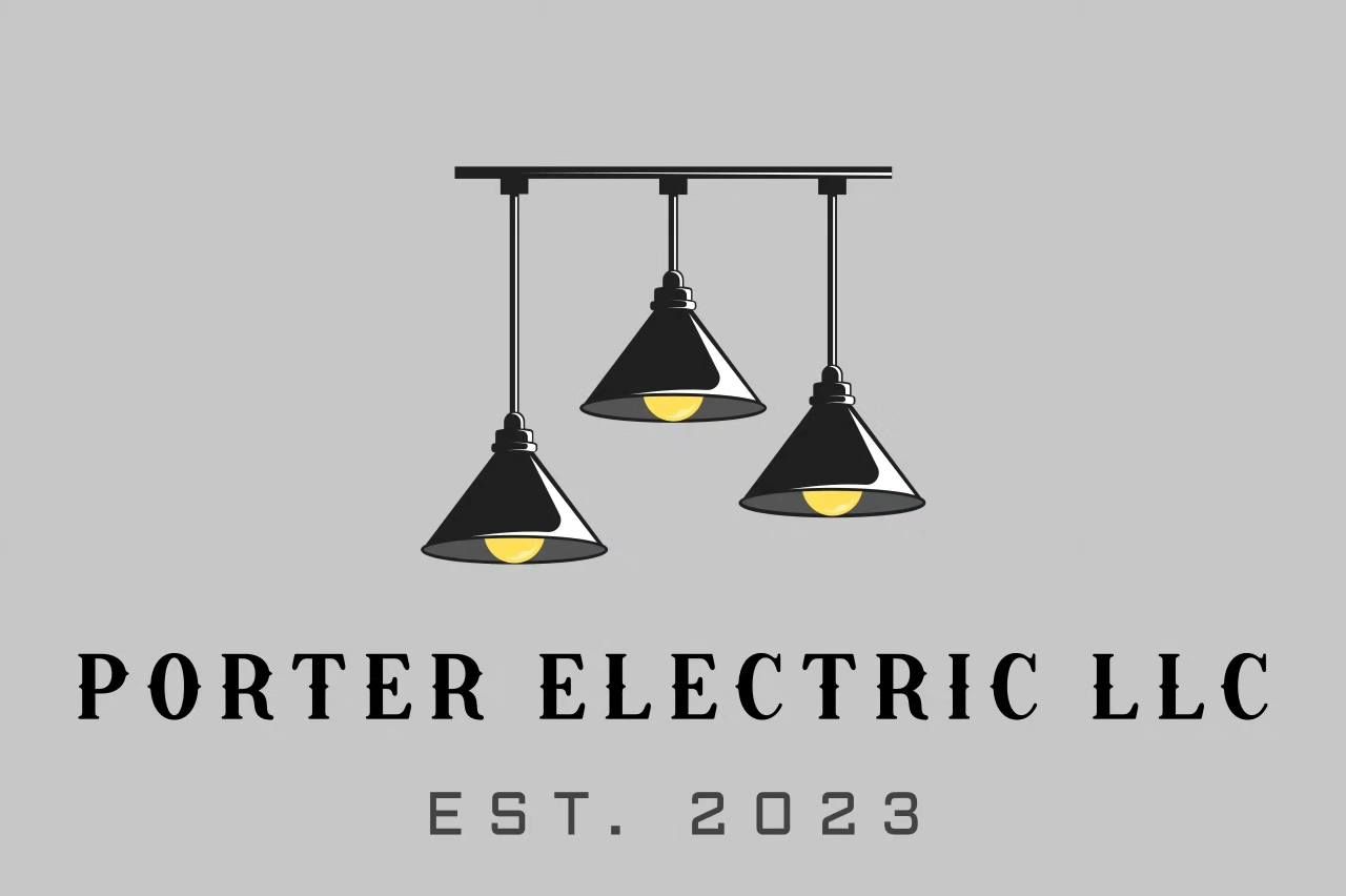 Porter Electric LLC logo with three hanging lights and “EST. 2023” on a gray background