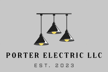 Porter Electric LLC logo with three hanging lights and “EST. 2023” on a gray background