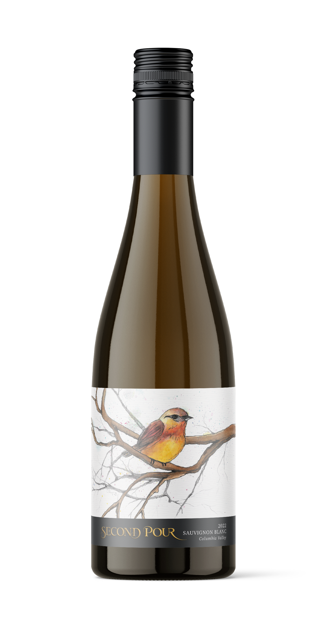 Bottle of 2022 Second Pour Sauvignon Blanc with illustrated label featuring a yellow and red bird on bare branches.