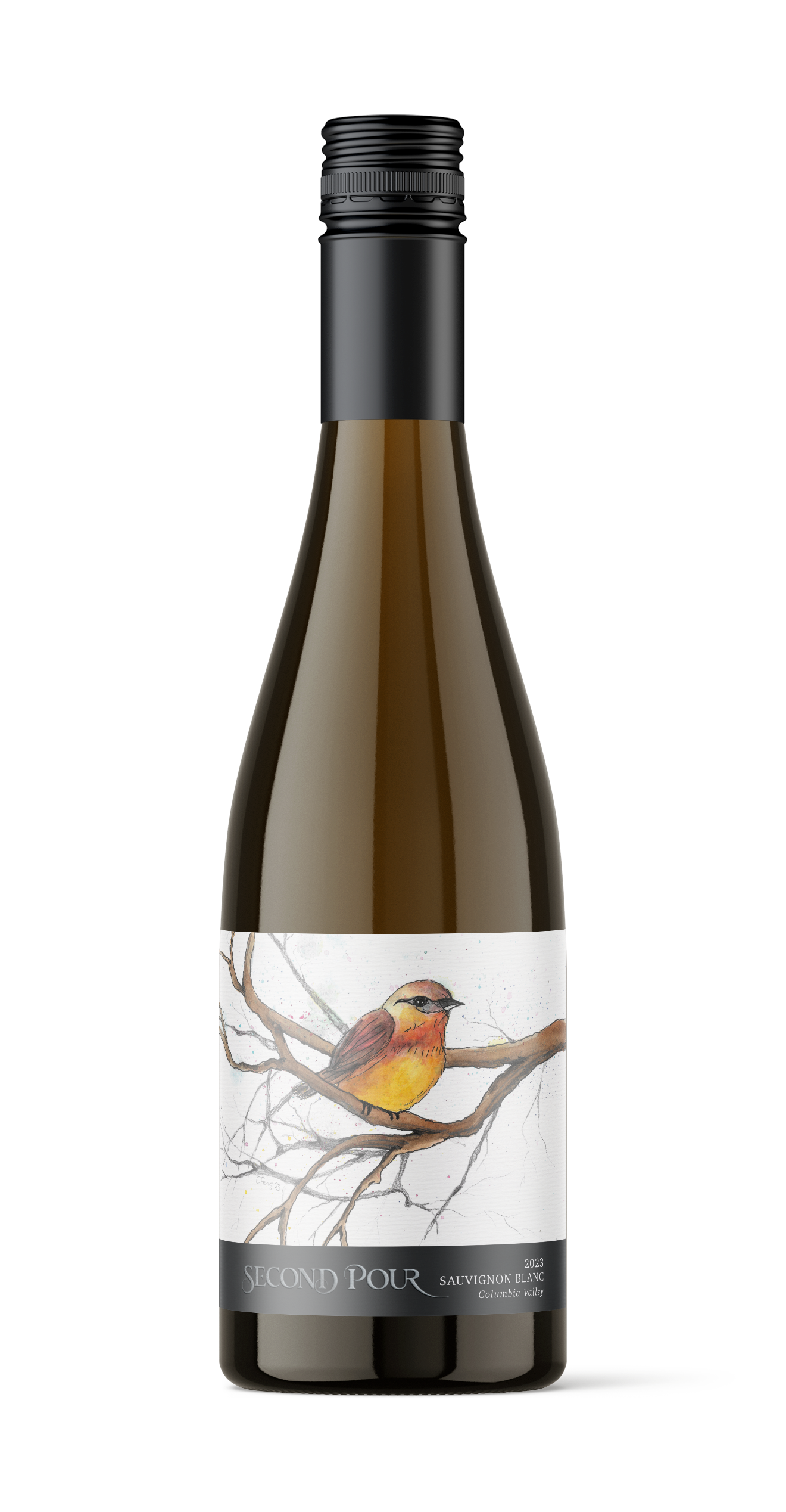 Bottle of 2023 Second Pour Sauvignon Blanc with illustrated label featuring a yellow and red bird on bare branches.