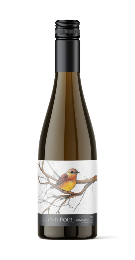 Bottle of 2023 Second Pour Sauvignon Blanc with illustrated label featuring a yellow and red bird on bare branches.