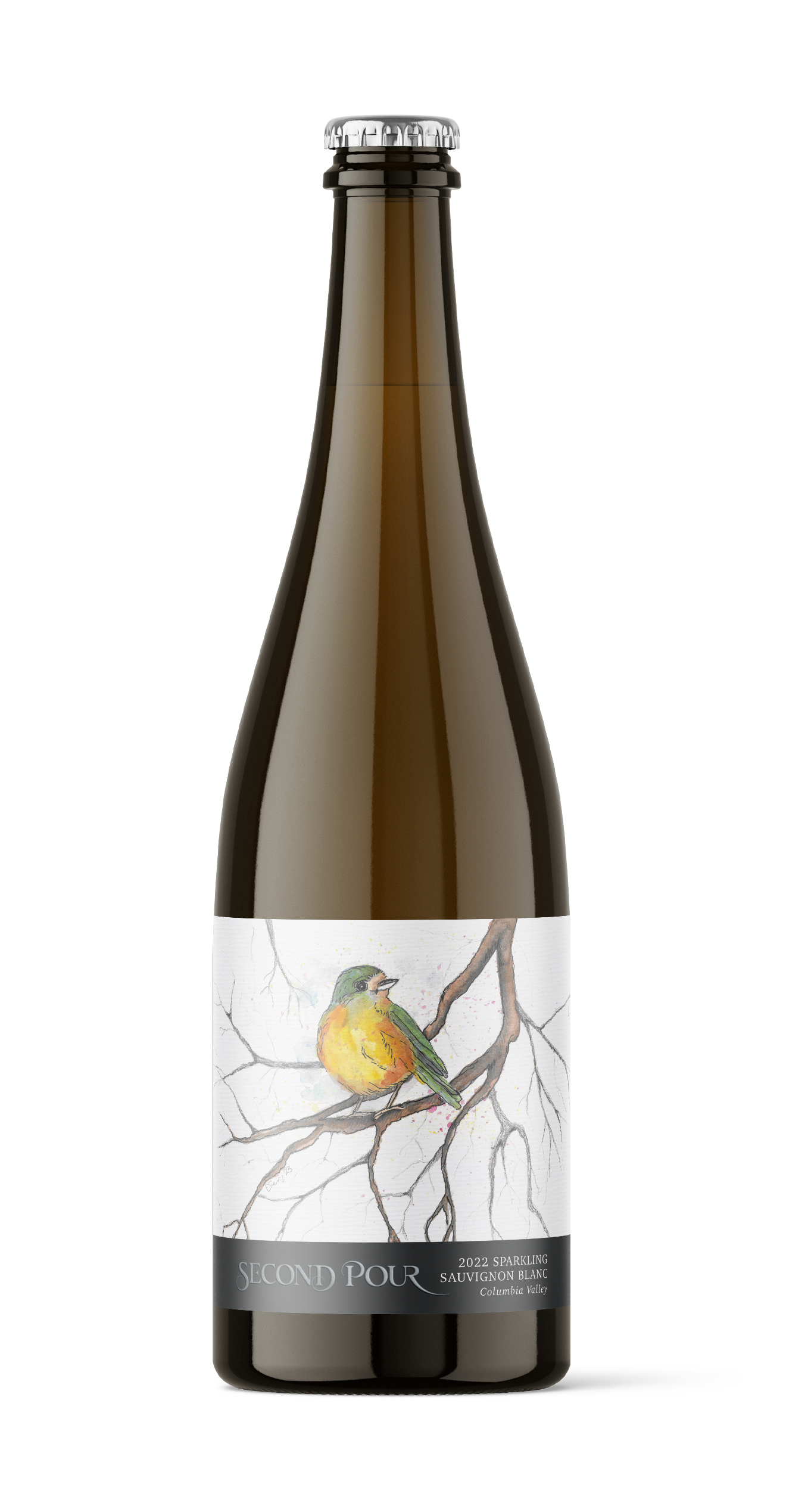 Bottle of 2022 Second Pour Sparkling Sauvignon Blanc with illustrated label featuring a yellow, orange and green bird on bare branches.
