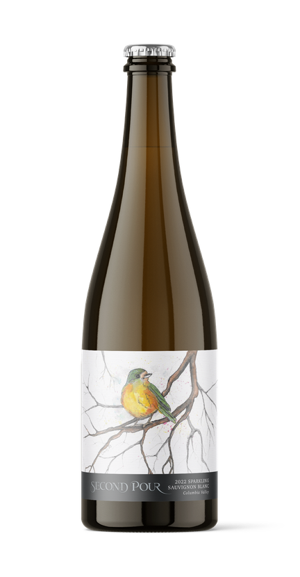 Bottle of 2022 Second Pour Sparkling Sauvignon Blanc with illustrated label featuring a yellow, orange and green bird on bare branches.