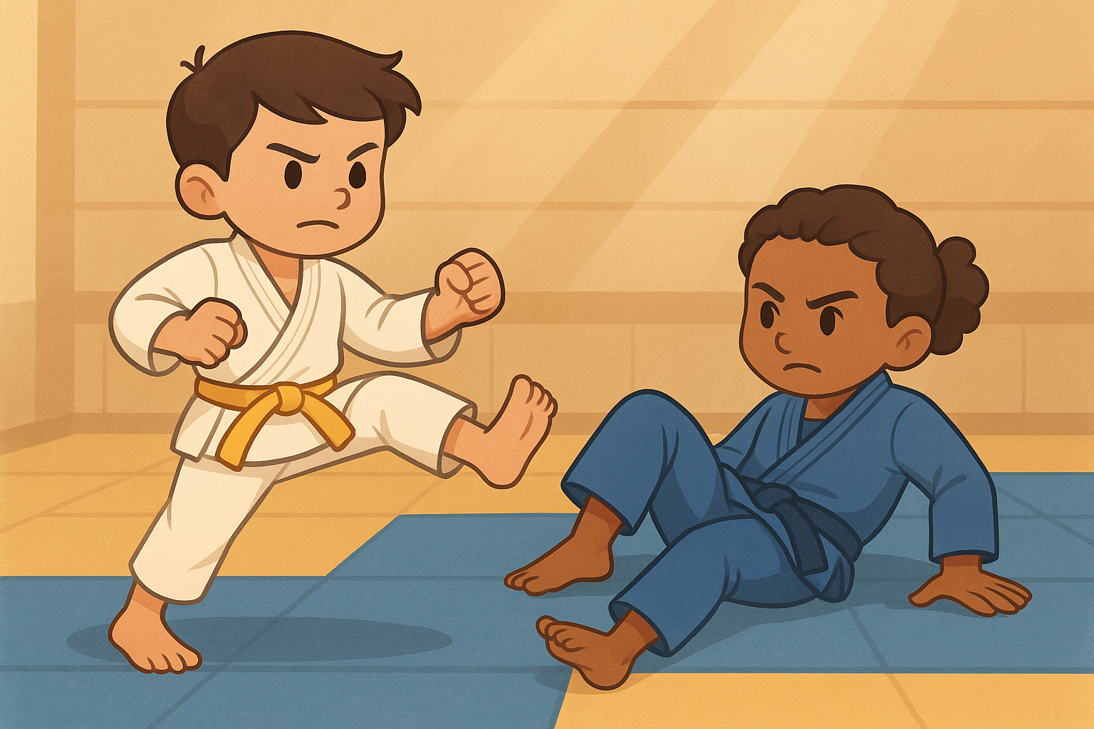 Cartoon kids practicing Karate and BJJ, showing determination and perseverance on the dojo mats.