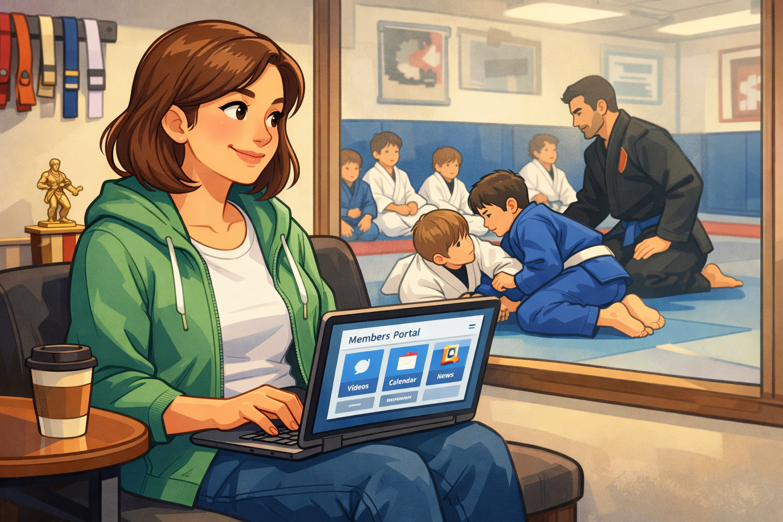 Parent checking out the member portal while watching class.