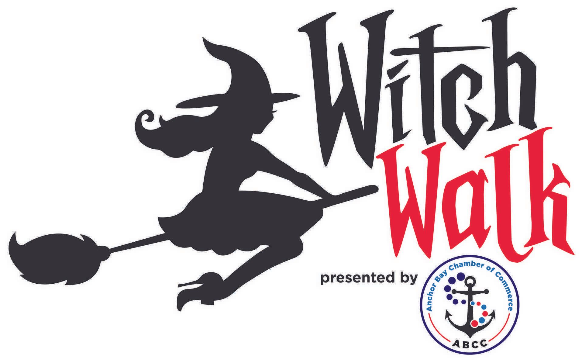 A witch walk logo with a silhouette of a witch on a broom