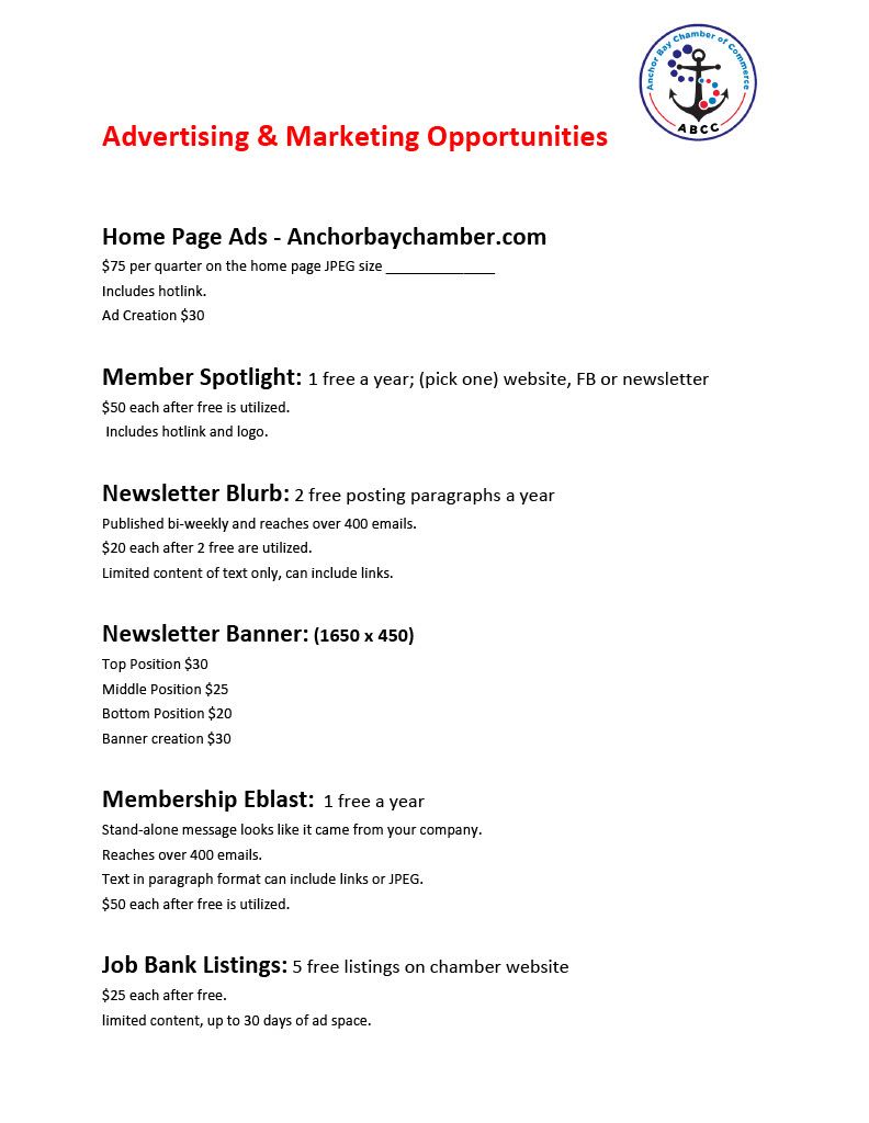 A list of advertising and marketing opportunities on a white background.