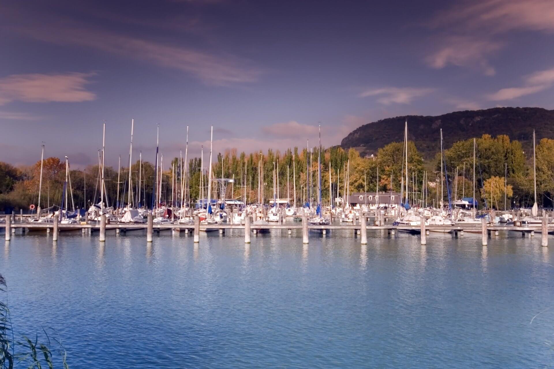 Boats are docked in a marina with a mountain in the background