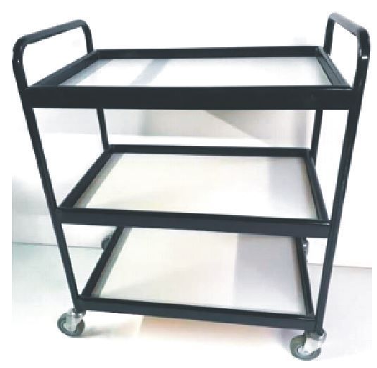 Carrito utilitario negro de tres niveles con estantes blancos y ruedas.