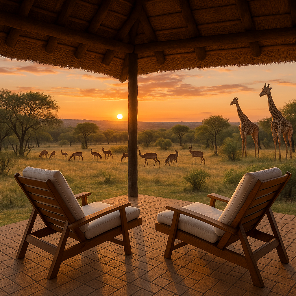 Two chairs under a thatched roof with giraffes in the background