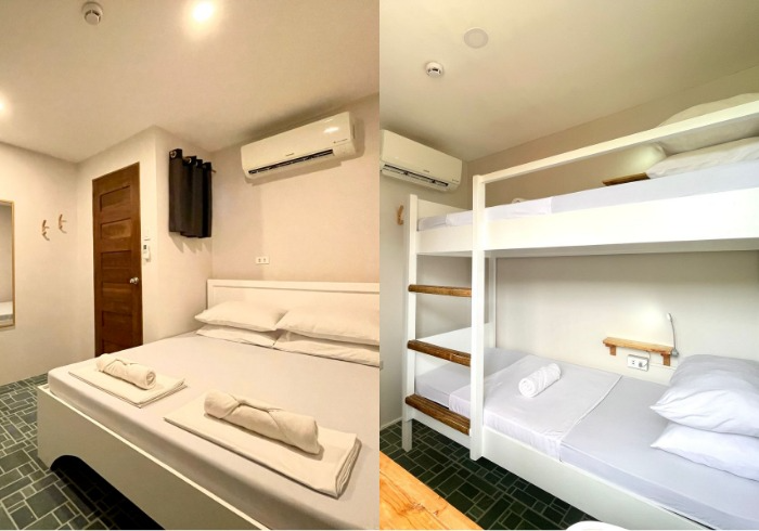Two hotel rooms: one with a double bed, the other with bunk beds, both white and modern, with air conditioning.
