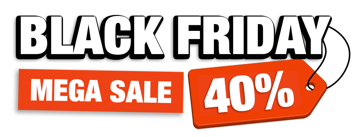 Black Friday mega sale with 40% off. Text in white with an orange background.