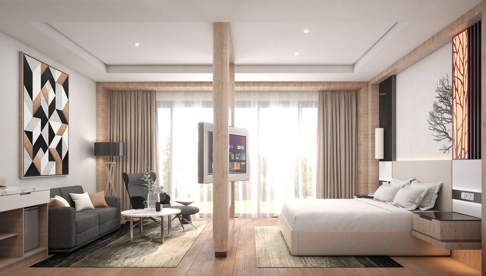 A modern hotel room with a bed, sofa, large windows, and art. Neutral tones with wood accents.