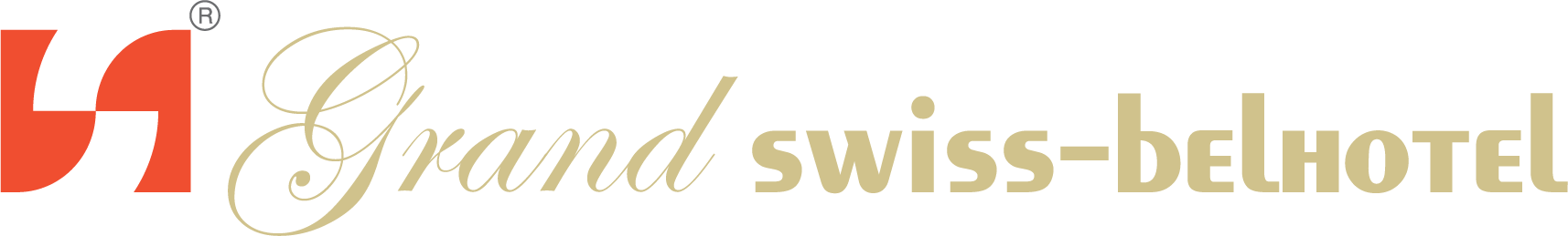 The logo for grand swiss-belhotel is red and white