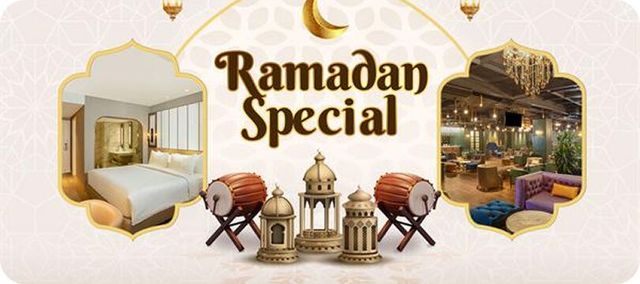 A ramadan special advertisement with a hotel room , lanterns , and drums.