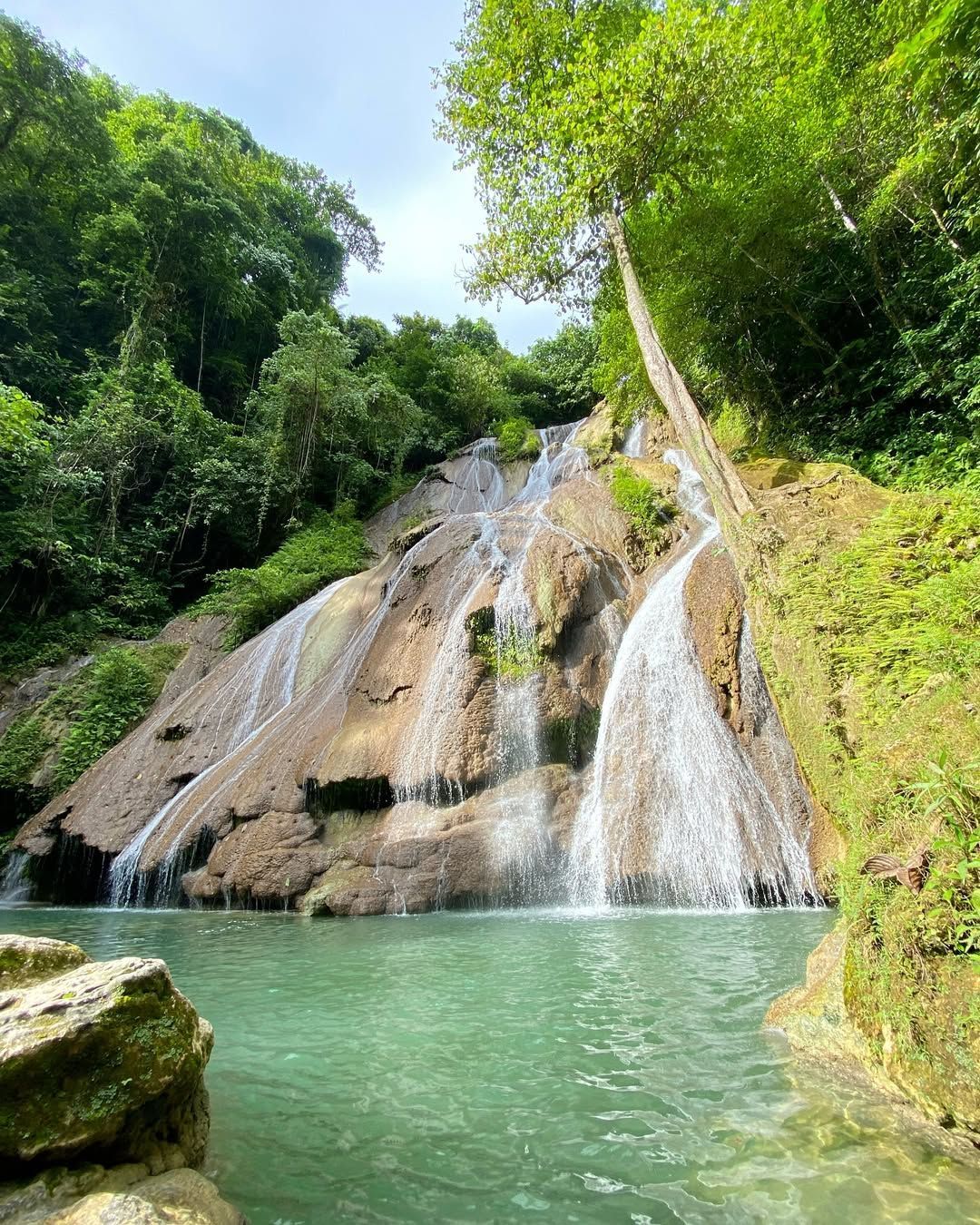 Waterfall cascading into a turquoise pool, surrounded by lush green foliage.