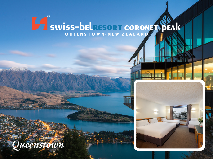 Swiss-Bel Resort Coronet Peak, Queenstown, NZ: Resort building overlooking lake and mountains; inset shows hotel room with view.